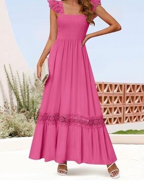 Smocked Bodice Pink Maxi Dress with Lace Trim
